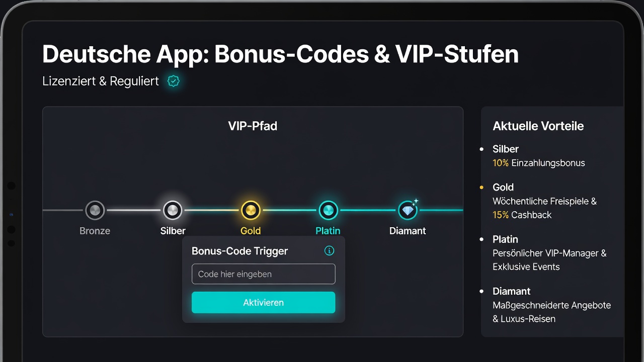 Detailansicht eines deutschen Casino-App-Interfaces mit VIP-Tier-Leiste und integriertem Bonuscode-Bereich