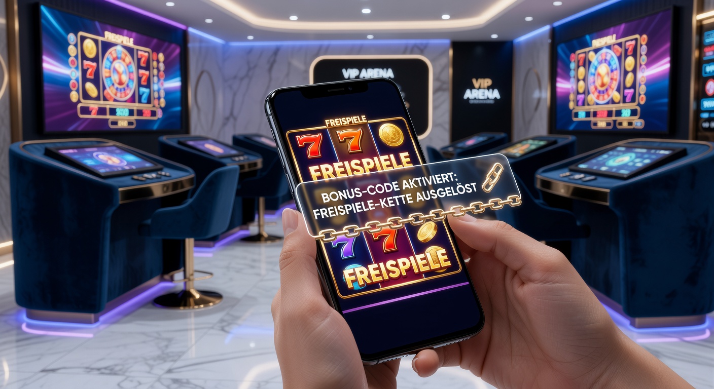 VIP-Mobile-Casino-App mit aktiver Free-Spins-Kette, Bonus-Code-Eingabefeld und explodierenden Symbolen auf dem Bildschirm