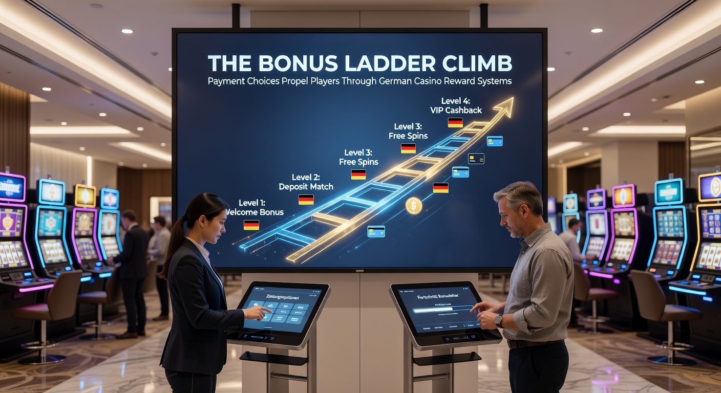 Grafik einer steigenden Leiter mit Casino-Boni und Zahlungssymbolen, die den Aufstieg in deutschen Reward-Systemen symbolisiert