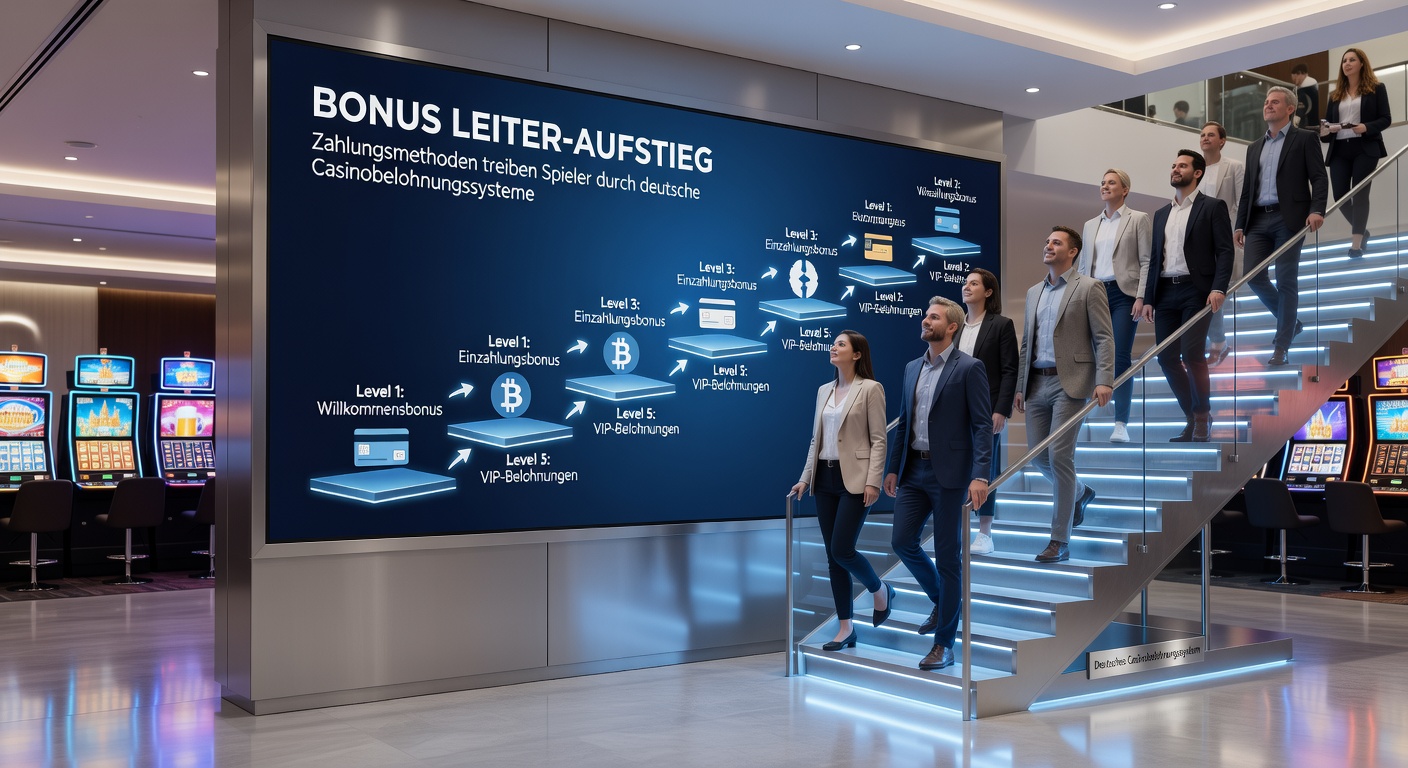 Detaillierte Darstellung einer Casino-Bonus-Leiter mit Icons für Zahlungsmethoden wie PayPal, Trustly und Klarna, die Stufenaufstiege illustrieren